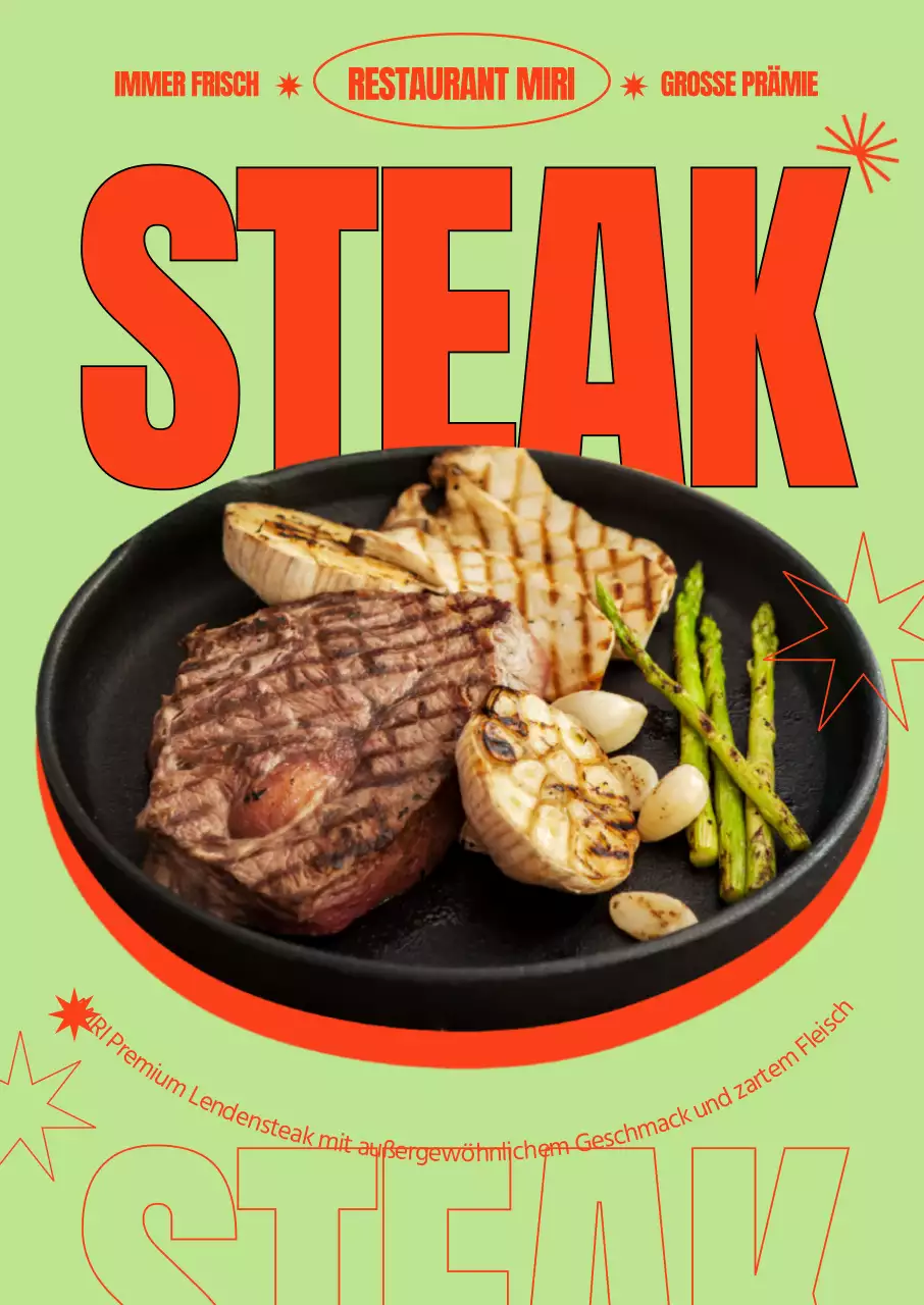 Ein westliches Steak-Menü mit einem fetten Schriftlayout und komplementären Farbkontrasten und Formen.