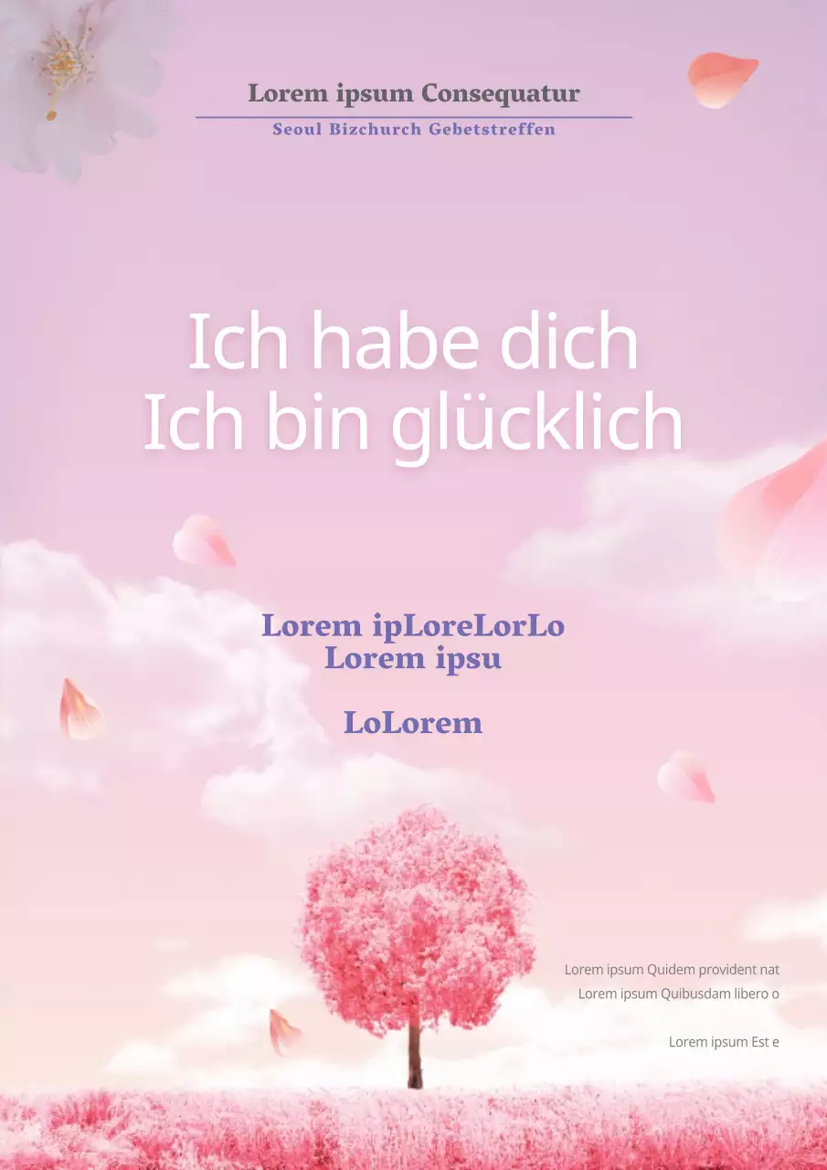 Werbung für einen kirchlichen Gebetsgottesdienst mit einem weichen Konzept, das ein Landschaftsfoto mit rosa Bäumen zeigt