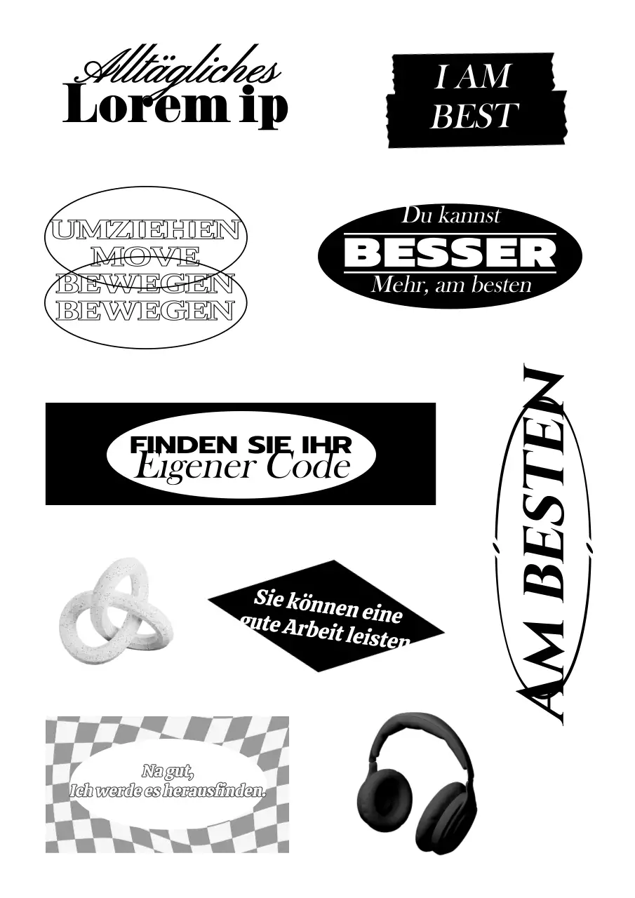 Hippe Phrasen-Aufkleber mit Text und 3D-Illustrationen in Schwarz- und Grautönen