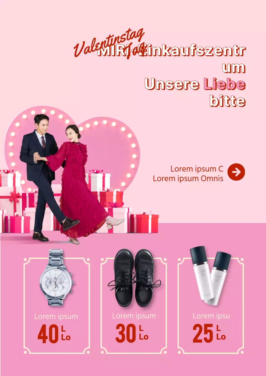 Werbung für eine Geschenkausstellung zum Valentinstag in Rosa