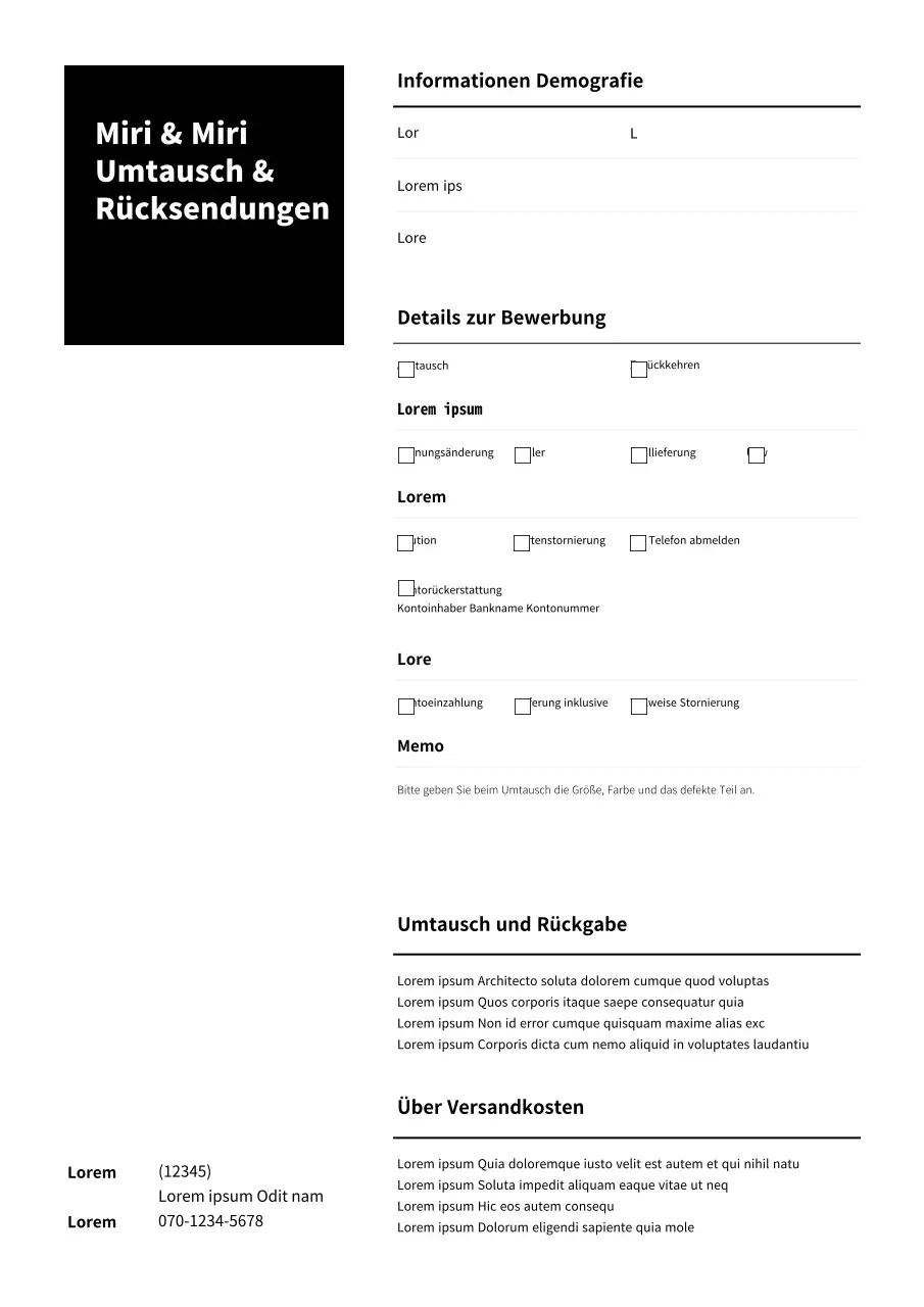Schwarzes, einfaches und sauberes Rückgabeformular für den Umtausch von Kleidung