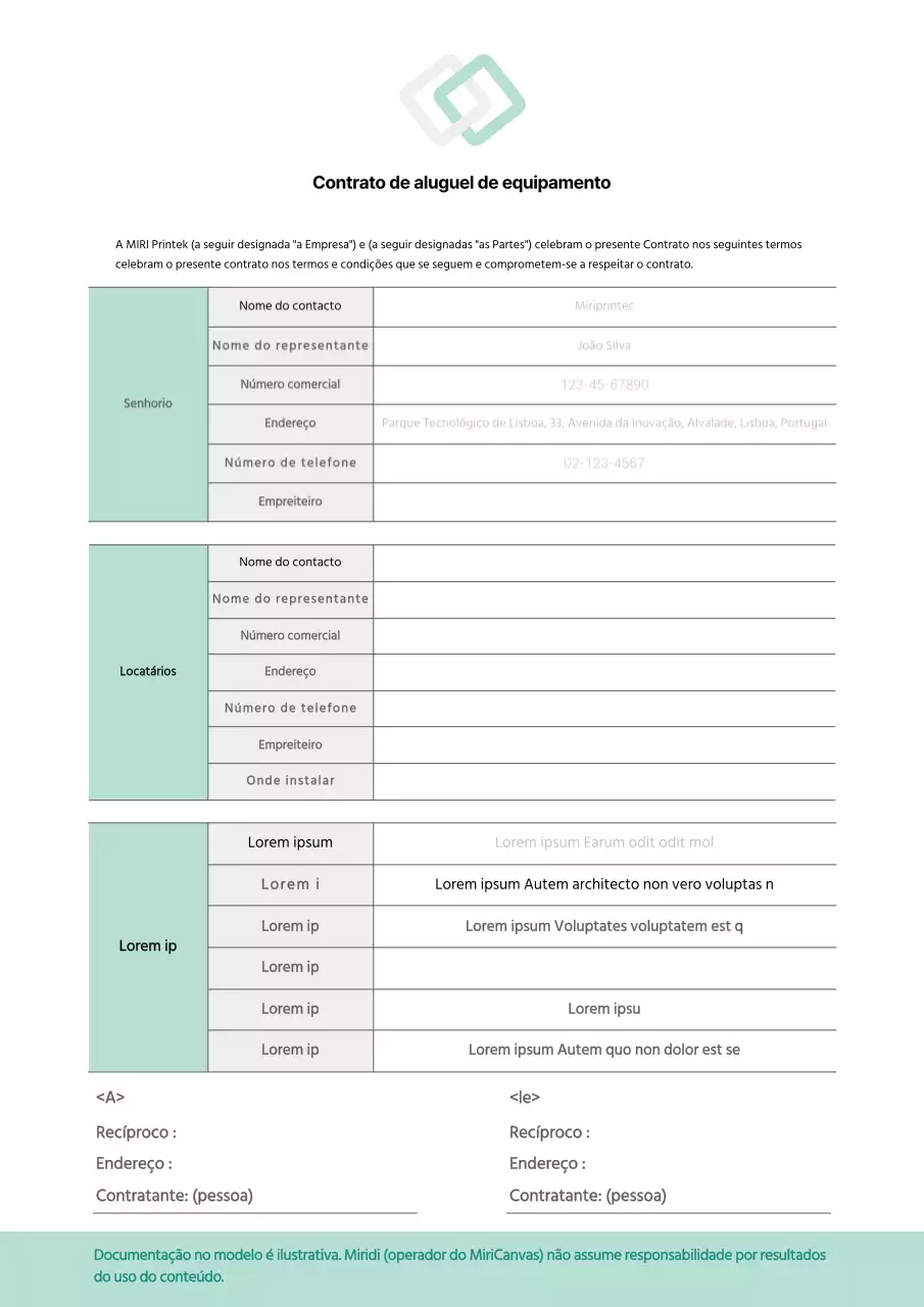 Contrato de aluguer de equipamento Contrato de aluguer de equipamento Documento comercial em tons de cinzento e verde