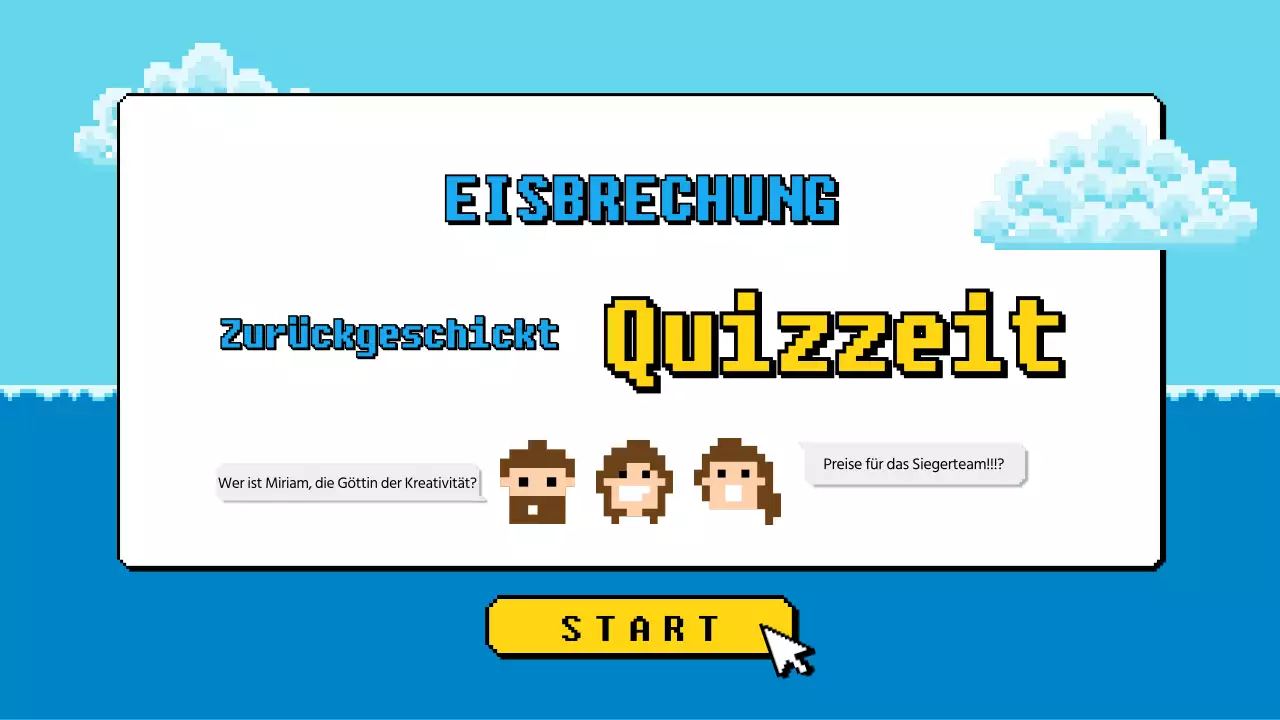 Workshop-Quizspiel mit blau-gelber Pixel-Optik