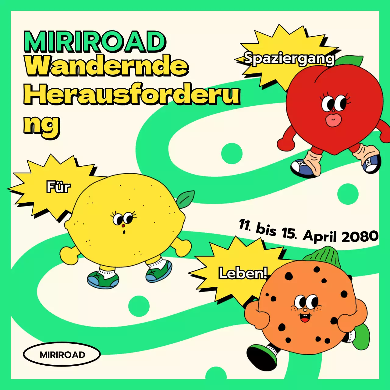 Kitschige Fruchtillustration in fluoreszierendem Chartreuse Frühlings-Wanderwettbewerb Walking Challenge