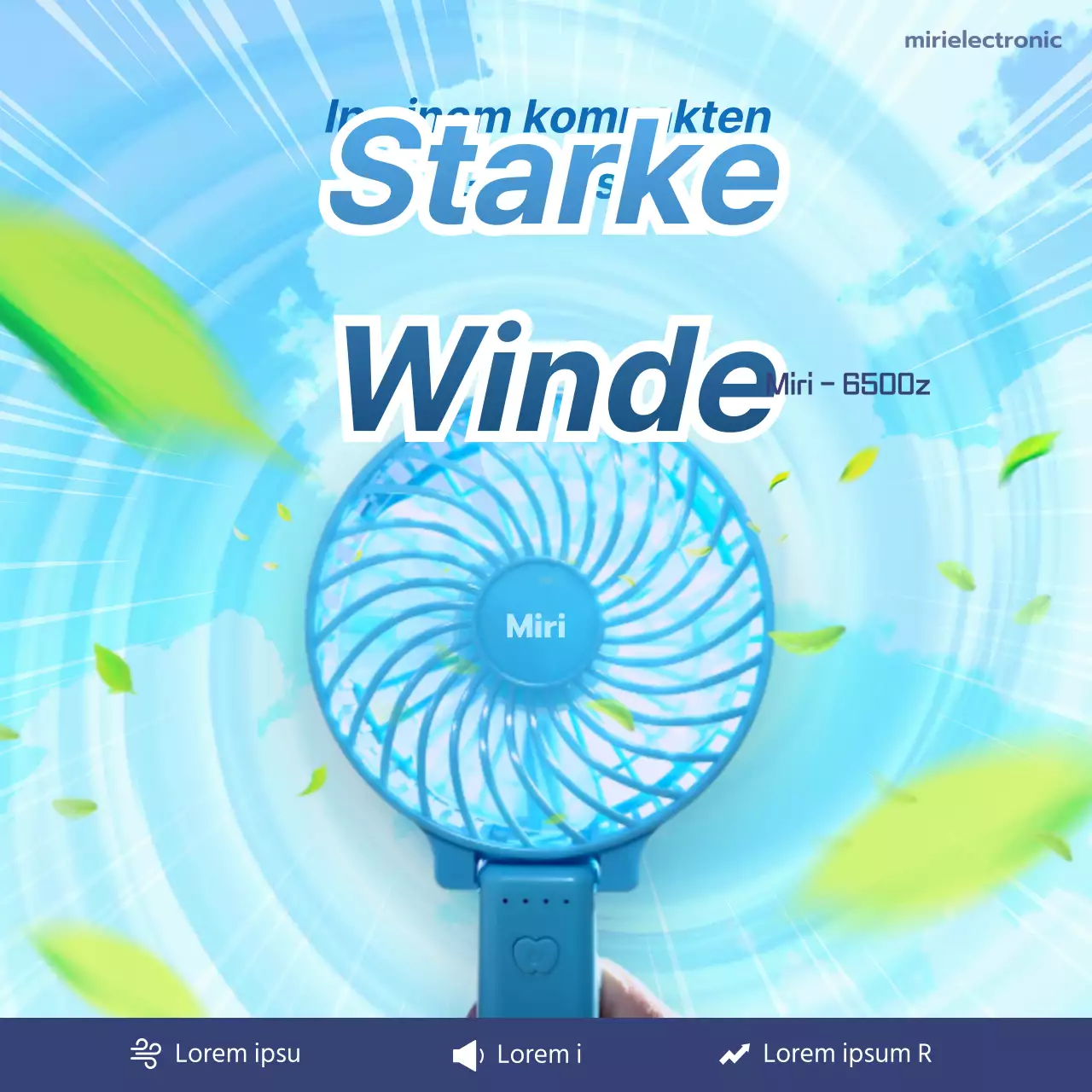 Blaustichige Taifun-Werbung für einen Handventilator mit starkem Wind
