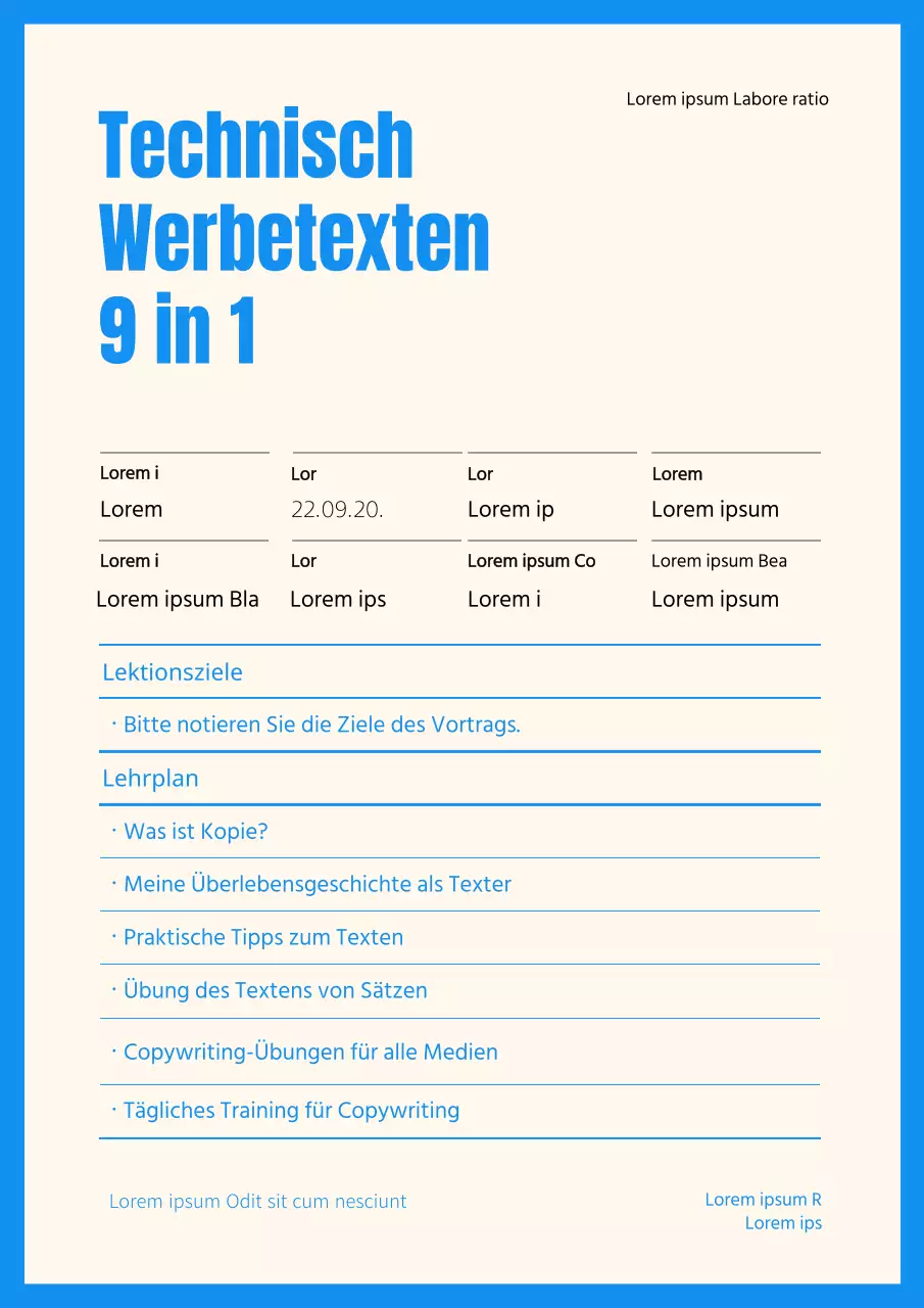 Lehrplan für das Schreiben von technischen Texten in blau und elfenbeinfarben