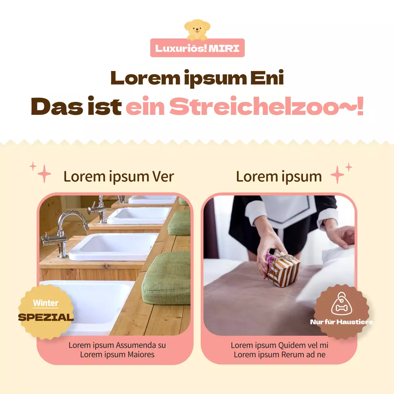Werbung für ein rosa, warmes und kuscheliges Hundehotel (CardNews)