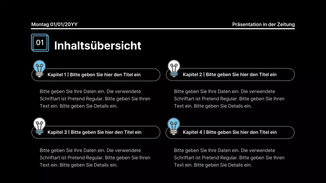 Aufmerksamkeitsstarke Präsentation mit fetten Linien in einem Zeitungskonzept auf schwarzem Hintergrund