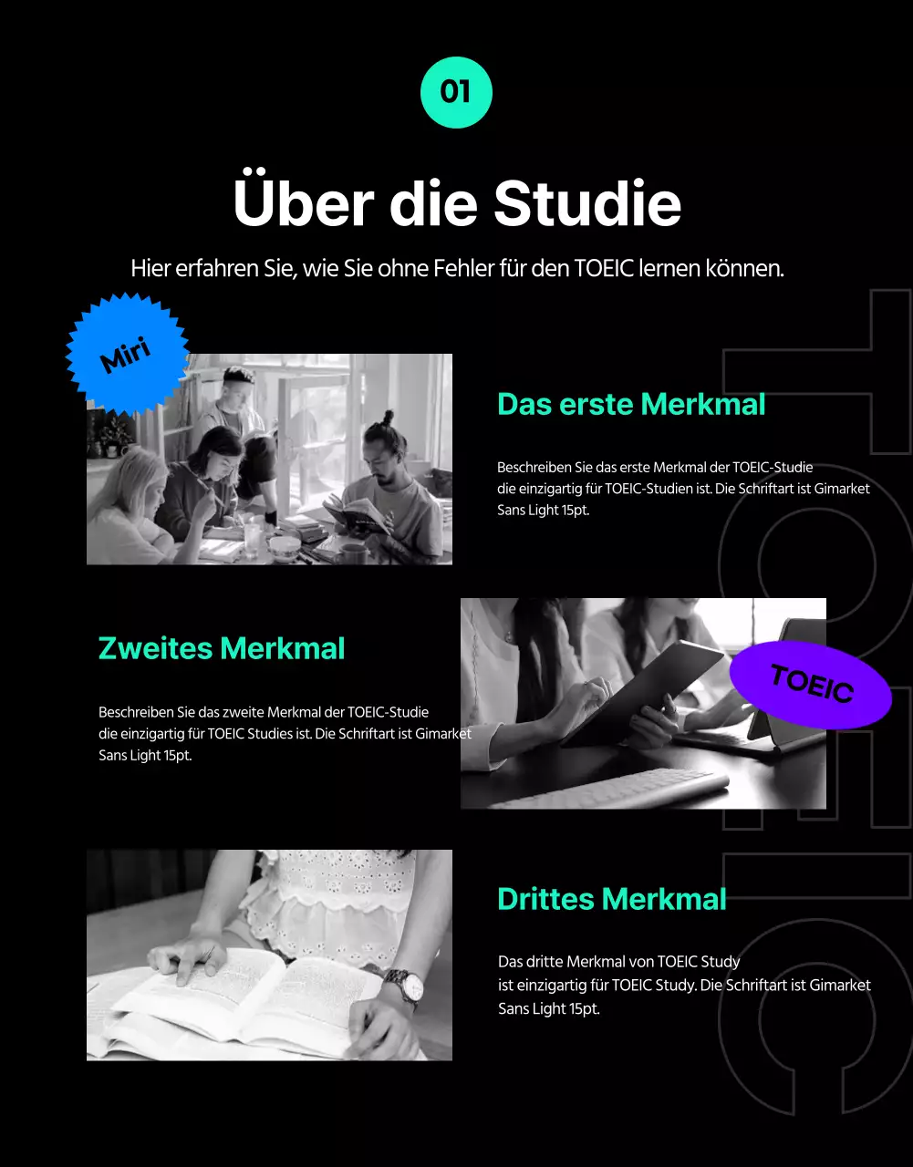Treten Sie dem blauen und mintfarbenen TOEIC-Studienteam bei
