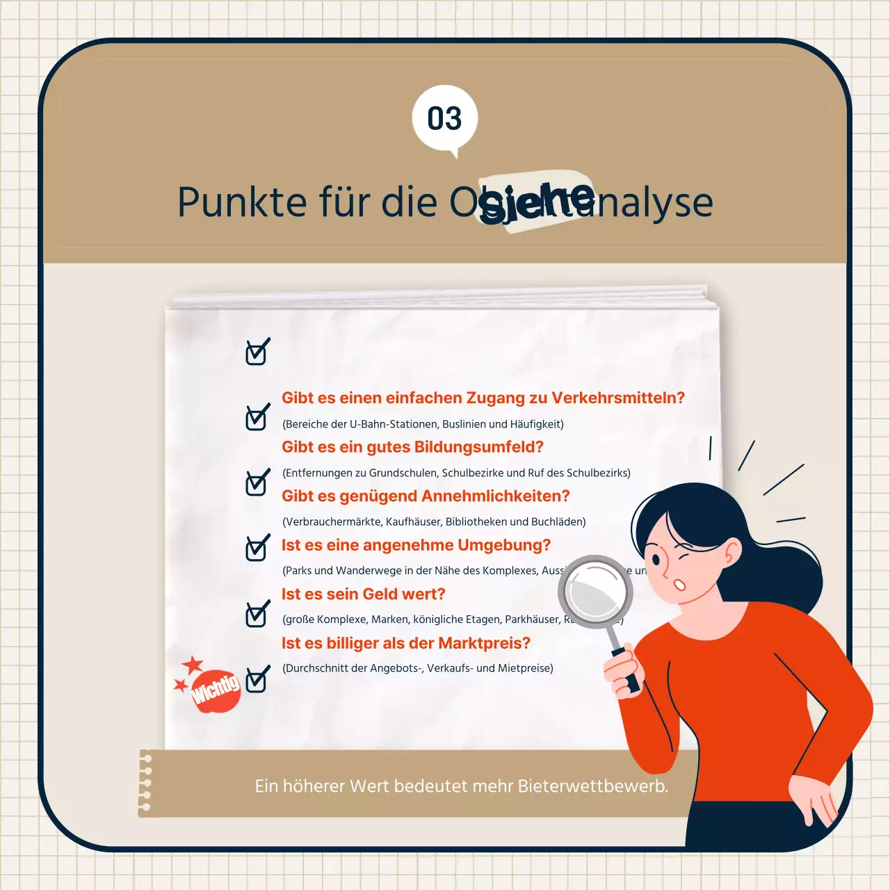 Thema der Immobilienauktion mit beigen, sauberen Illustrationen und Rahmenkombinationen