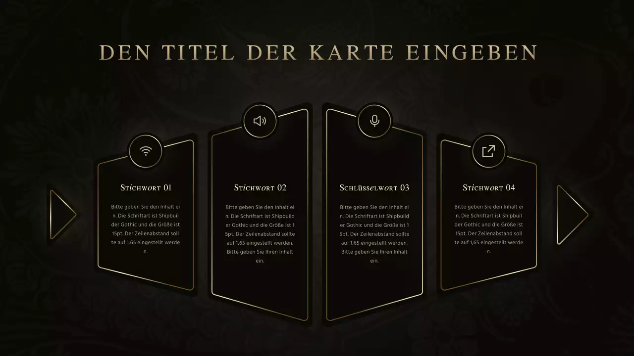 Gourmet Jean Concept Fishbone Chart in Schwarz und Gold