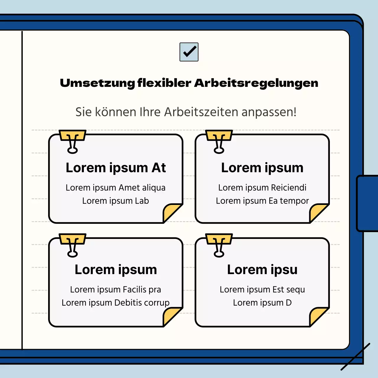 Leitfaden für Unternehmensleistungen in einem hellblauen und marineblauen Notizbuch