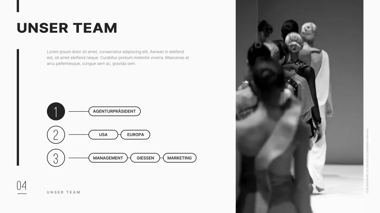 Ein sauberes und modernes Firmenprofil einer Modelagentur in Schwarz.