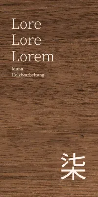 Holzwerkstatt-Design mit Kanji-Akzenten in einem hellbeigen Textstil