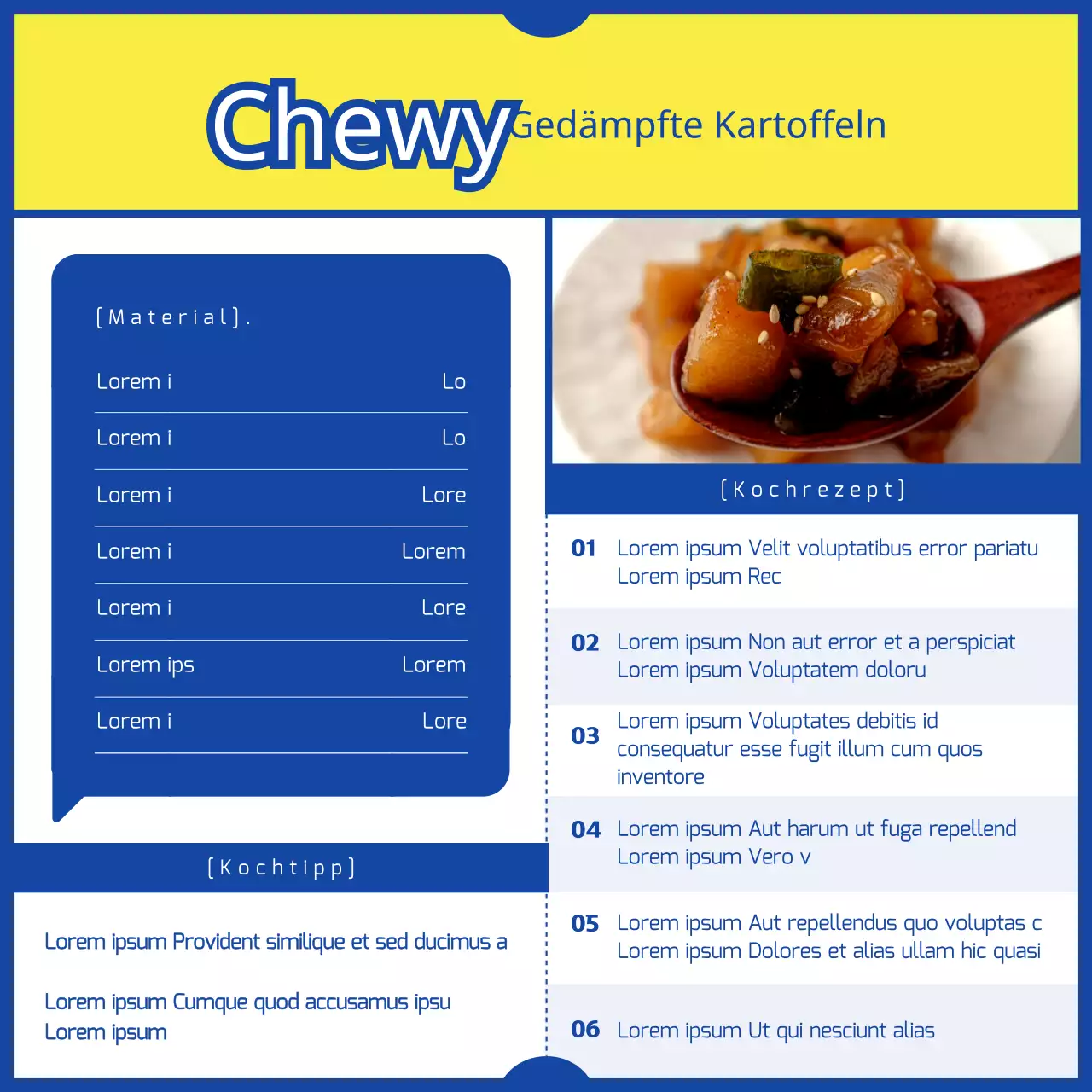 Gelbe und blaue 3-Minuten-Curry-Parodie Konzept Kartoffelgericht Rezeptbuch
