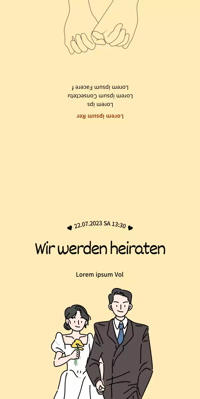 Hochzeitseinladung mit einem niedlichen Brautpaar auf gelbem Hintergrund