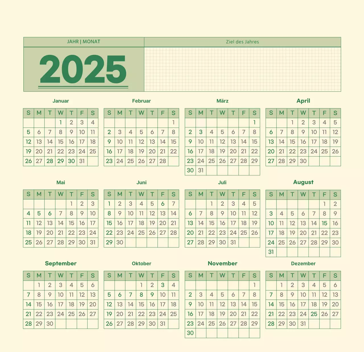 SAT D-day Notizblock Konzept Wandkalender in grün und hellgelb