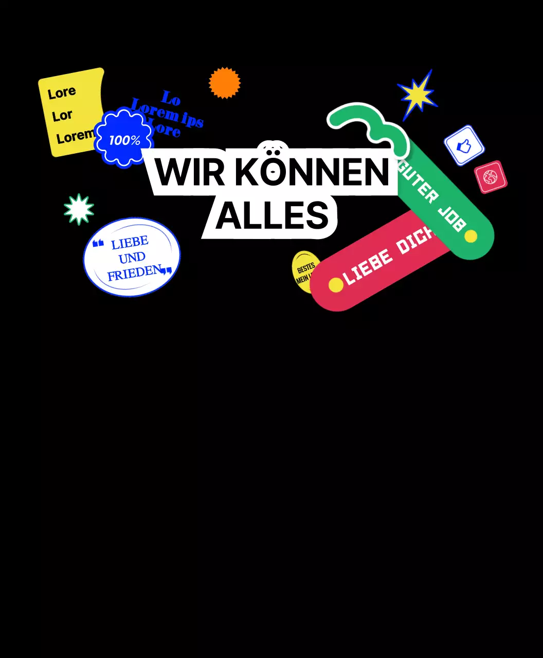 Hip-Konzept-Merchandise-Group-T-Shirts mit bunten Texten und Symbolen