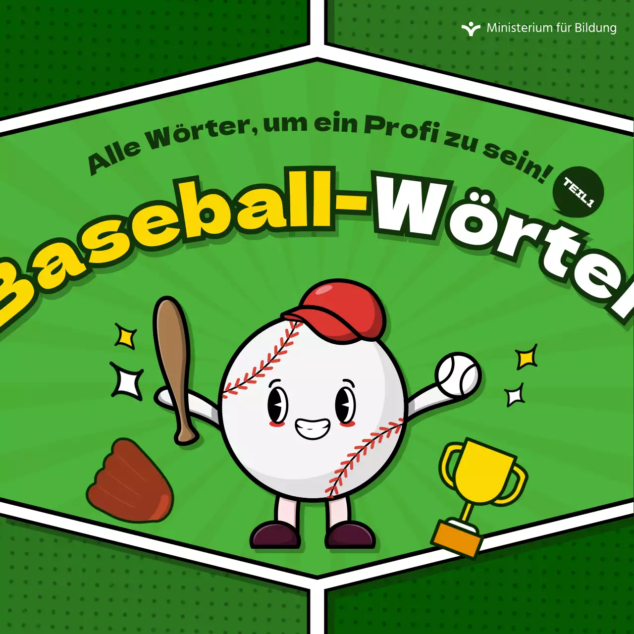 Informationen über niedliche Baseballbegriffe auf grünem Hintergrund