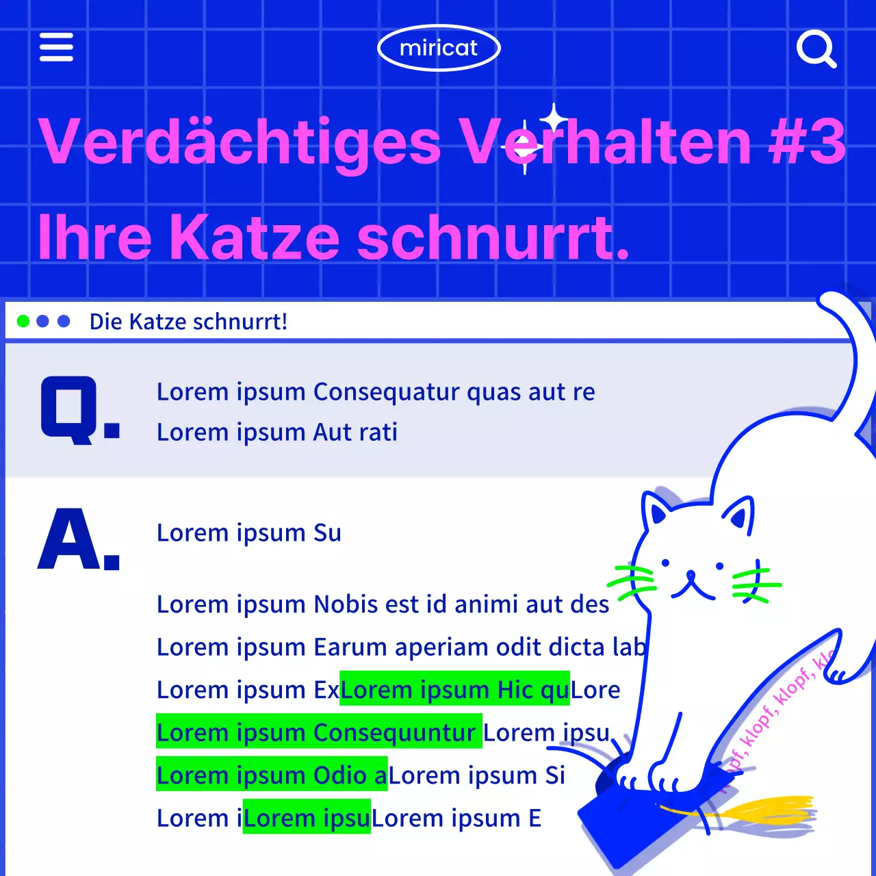 Vermitteln Sie Katzeninformationen im Retro-Internet-Look mit einer weißen Katzenillustration auf blauem Hintergrund