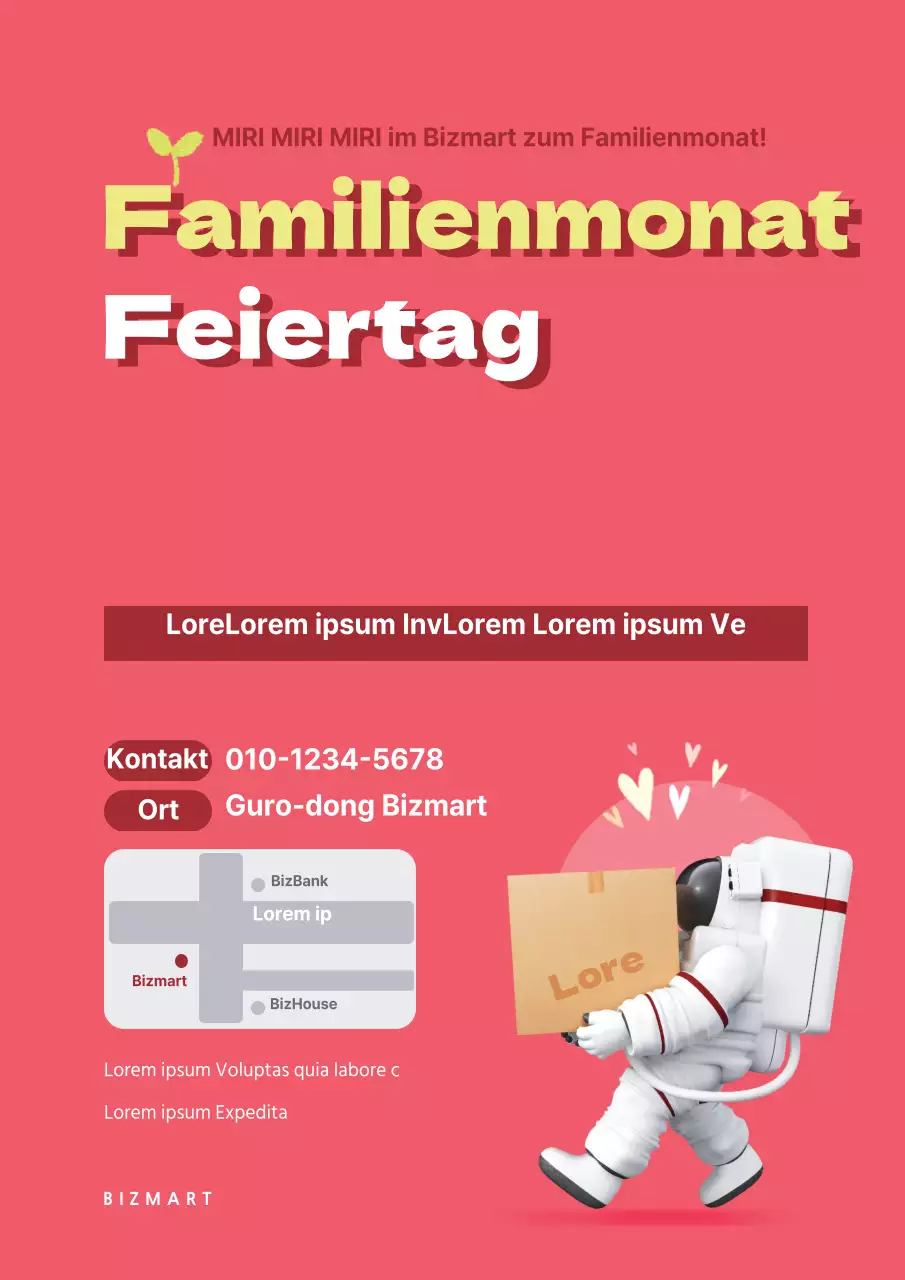 Werbung für die Eröffnung eines Lebensmittelgeschäfts mit einer rosa Astronautenillustration