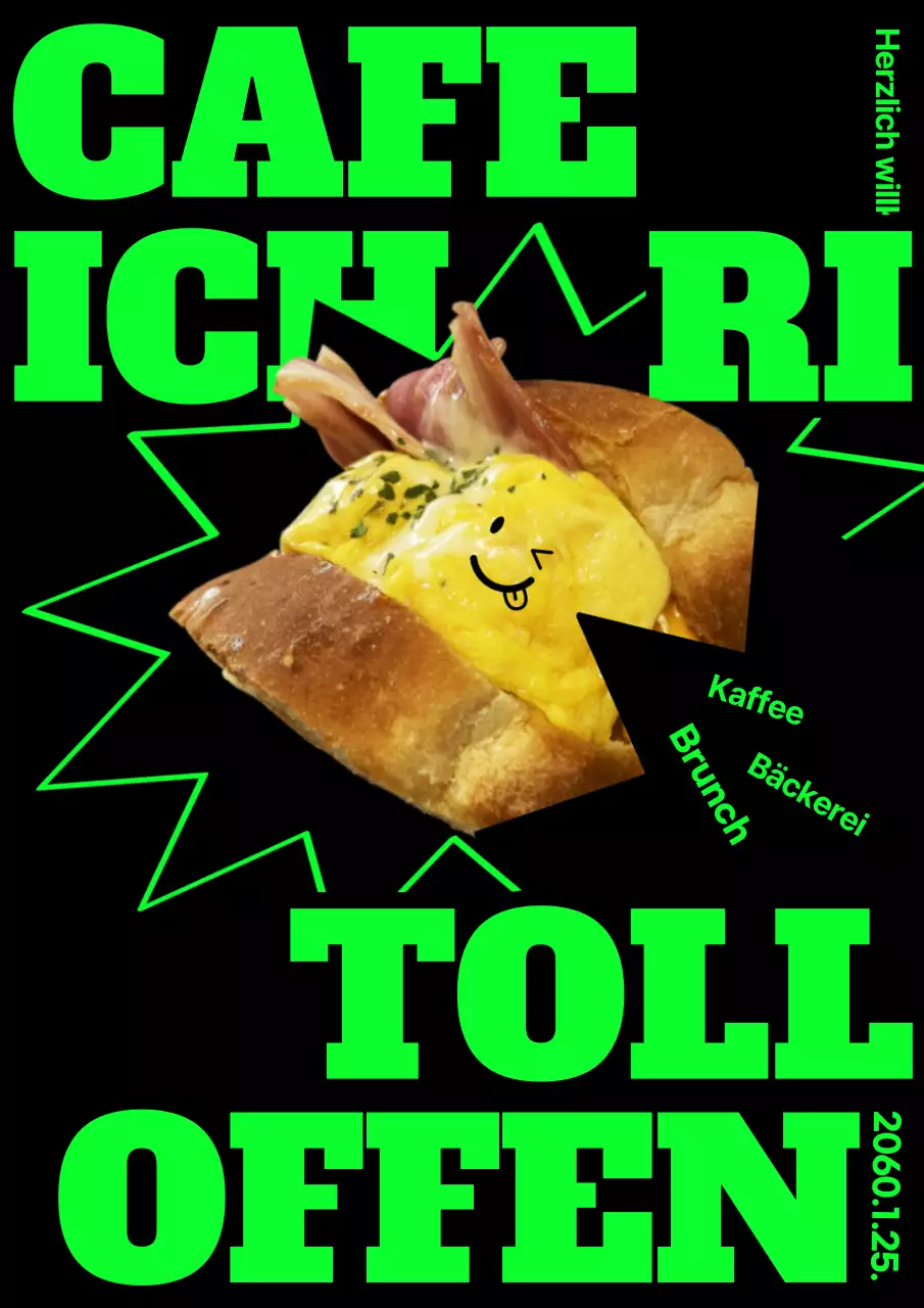 Eröffnung eines hippen Bäckerei-Cafés in Schwarz und Neongrün (Webposter vertikal)