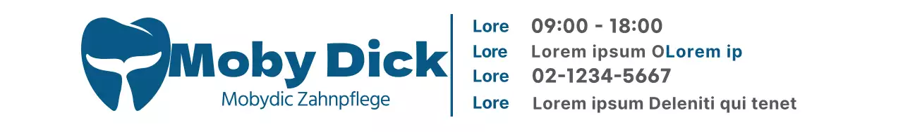 Schlichtes Design mit dunkelblauem Dentallogo, Praxisname und Praxisdetails