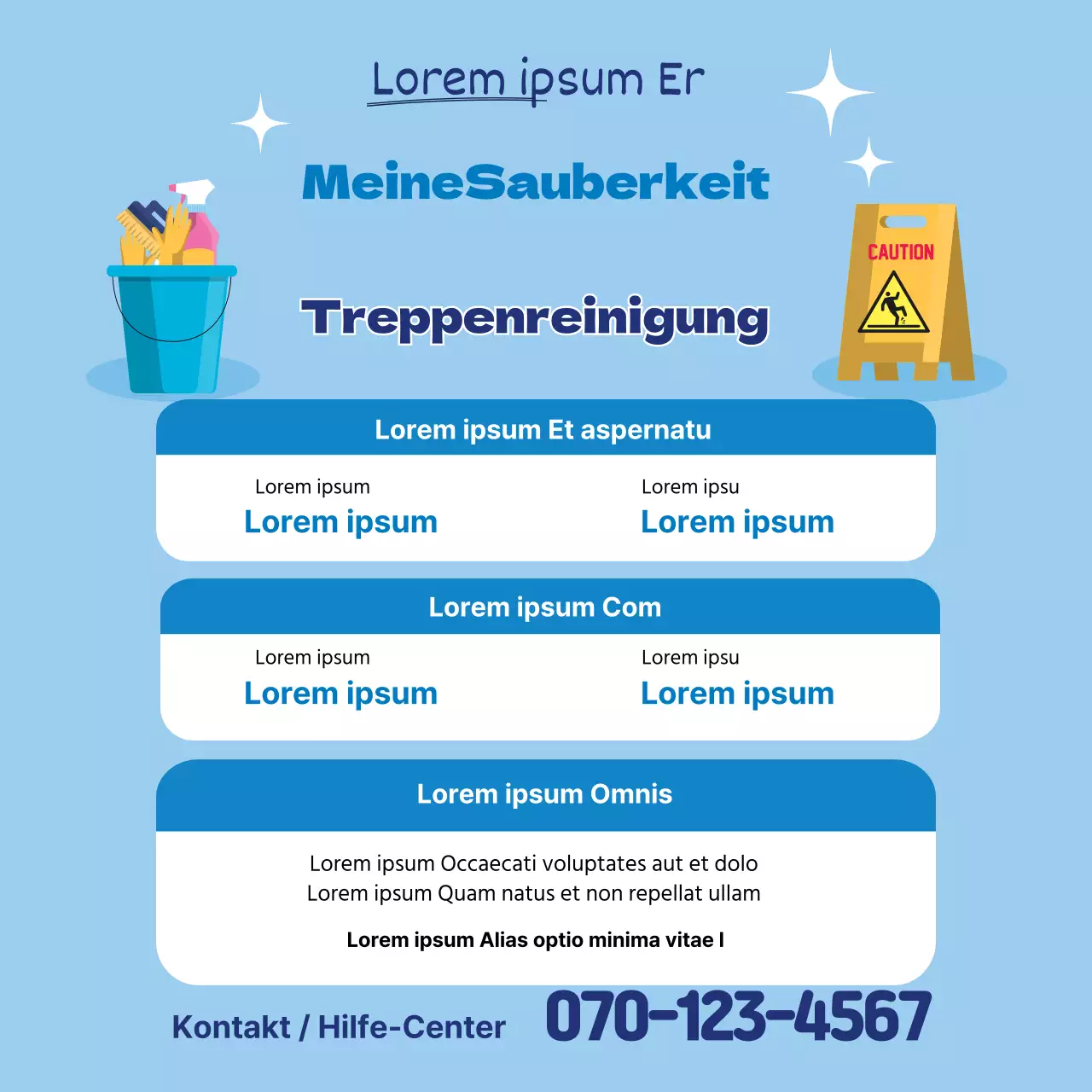 Blaue Illustration, die für einen sauberen Reinigungsdienst wirbt