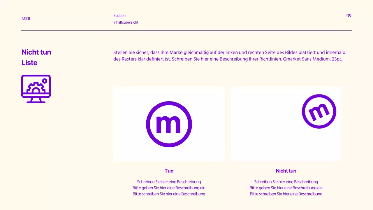 Markenrichtlinien mit klaren Textakzenten in Lila und Zitrone