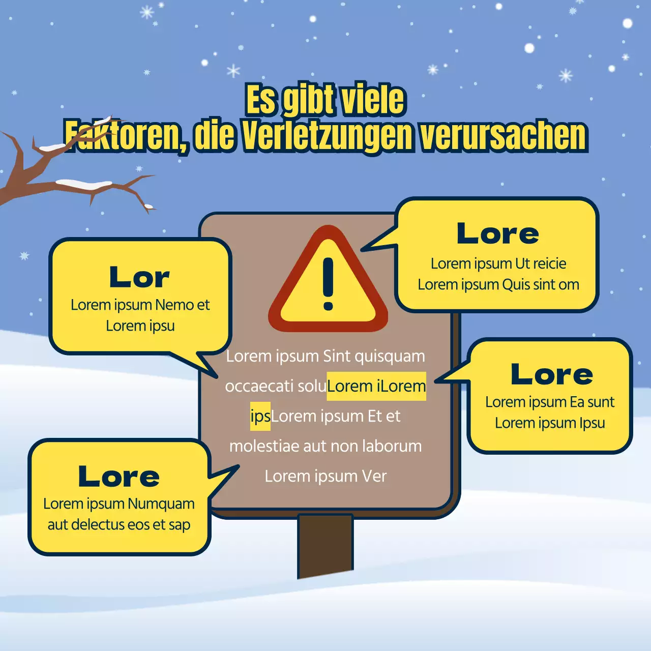 Sicherheit in den Bergen im Winter mit kastanienbraunen und hellblauen Schildern