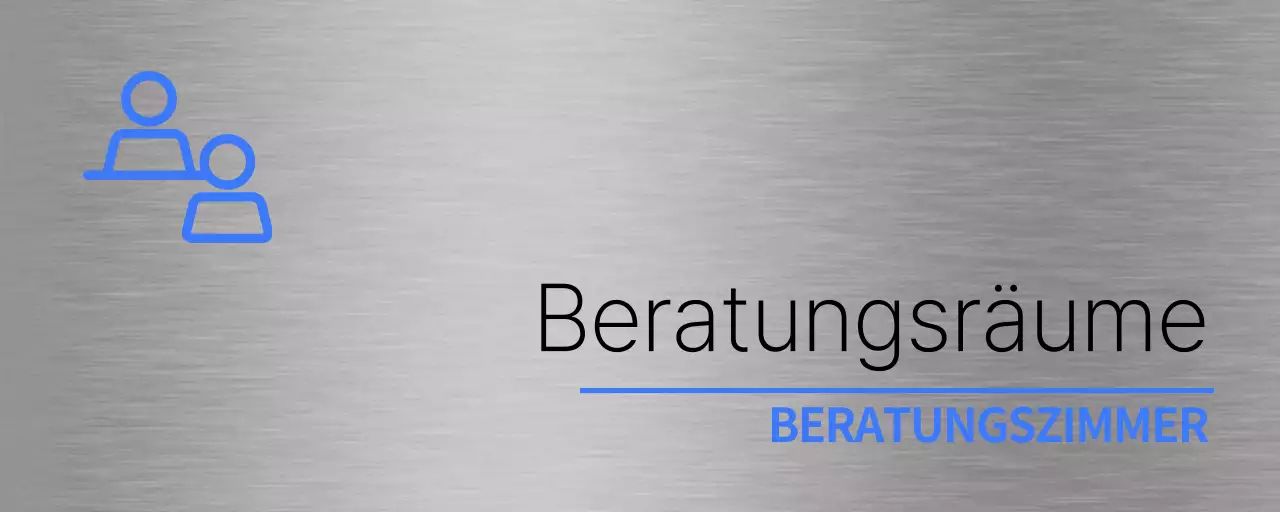 Einfaches Namensschild mit blauem und schwarzem Praxisnamen und einem einfachen Piktogramm