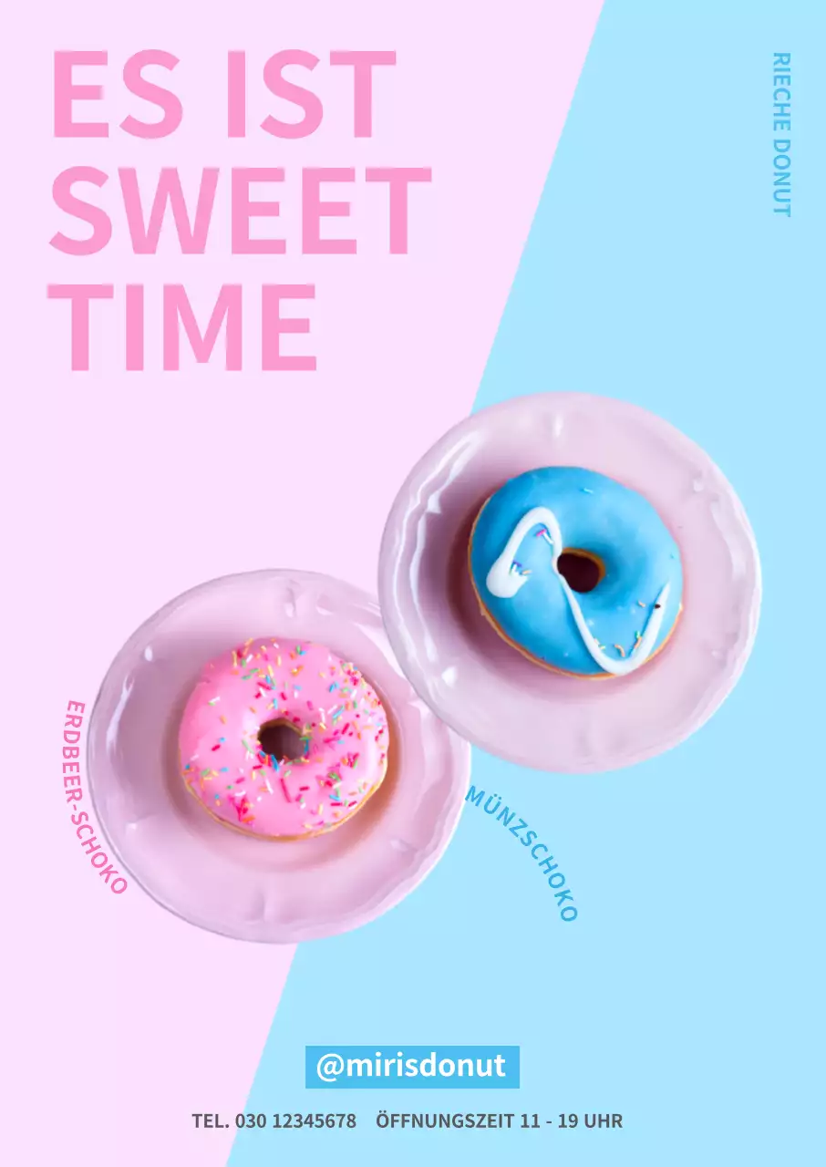 In zwei Hälften geteiltes Donut-Poster mit rosa und mintfarbenem Hintergrund