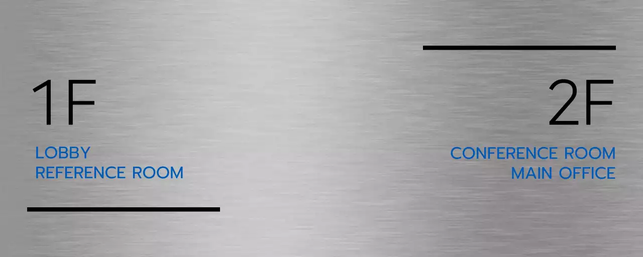 黒と青のシンプルなアイコンがある会社の地名と階ごとの案内。