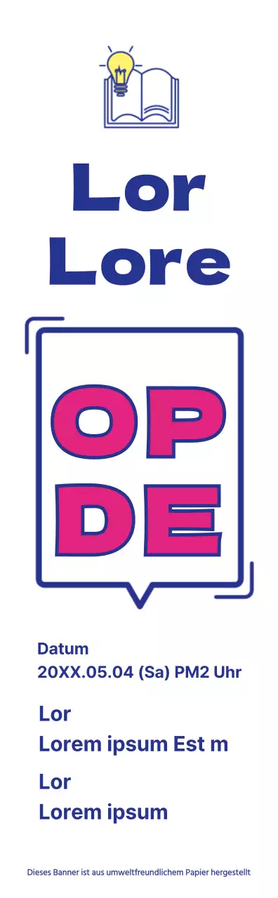 Ankündigung der Eröffnung einer Bibliothek mit einem einfachen Sprechblasentextkonzept in Marineblau und Lila