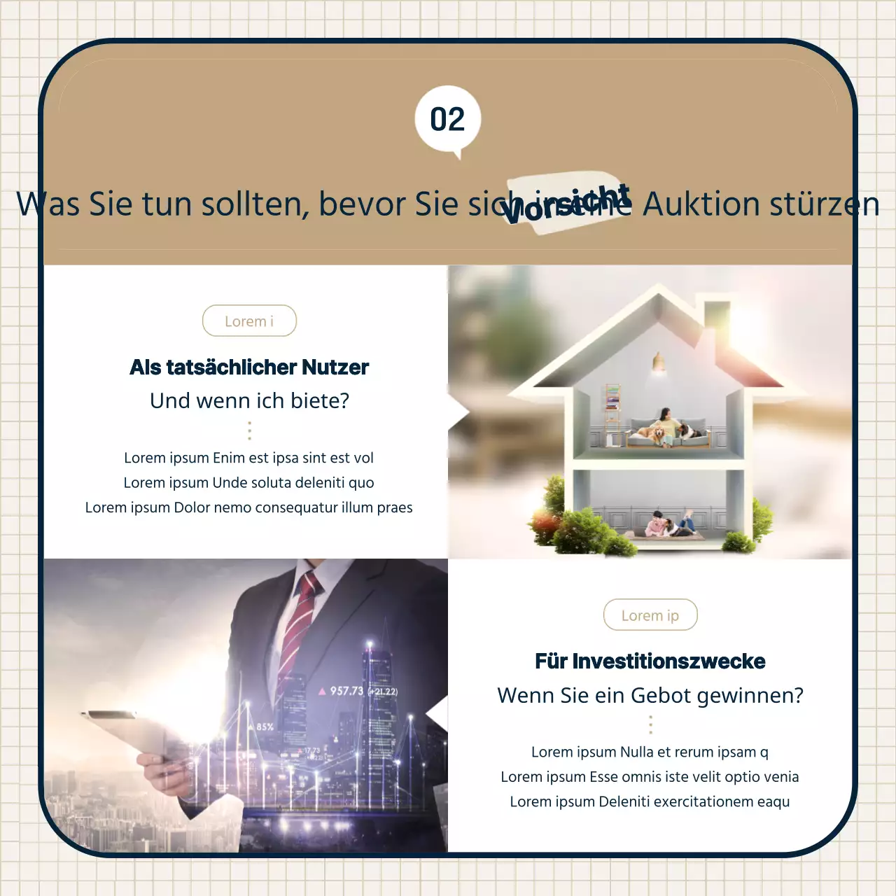 Thema der Immobilienauktion mit beigen, sauberen Illustrationen und Rahmenkombinationen