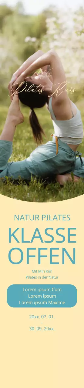 Banner zur Werbung für einen Pilates-Kurs mit gelbem Hintergrund