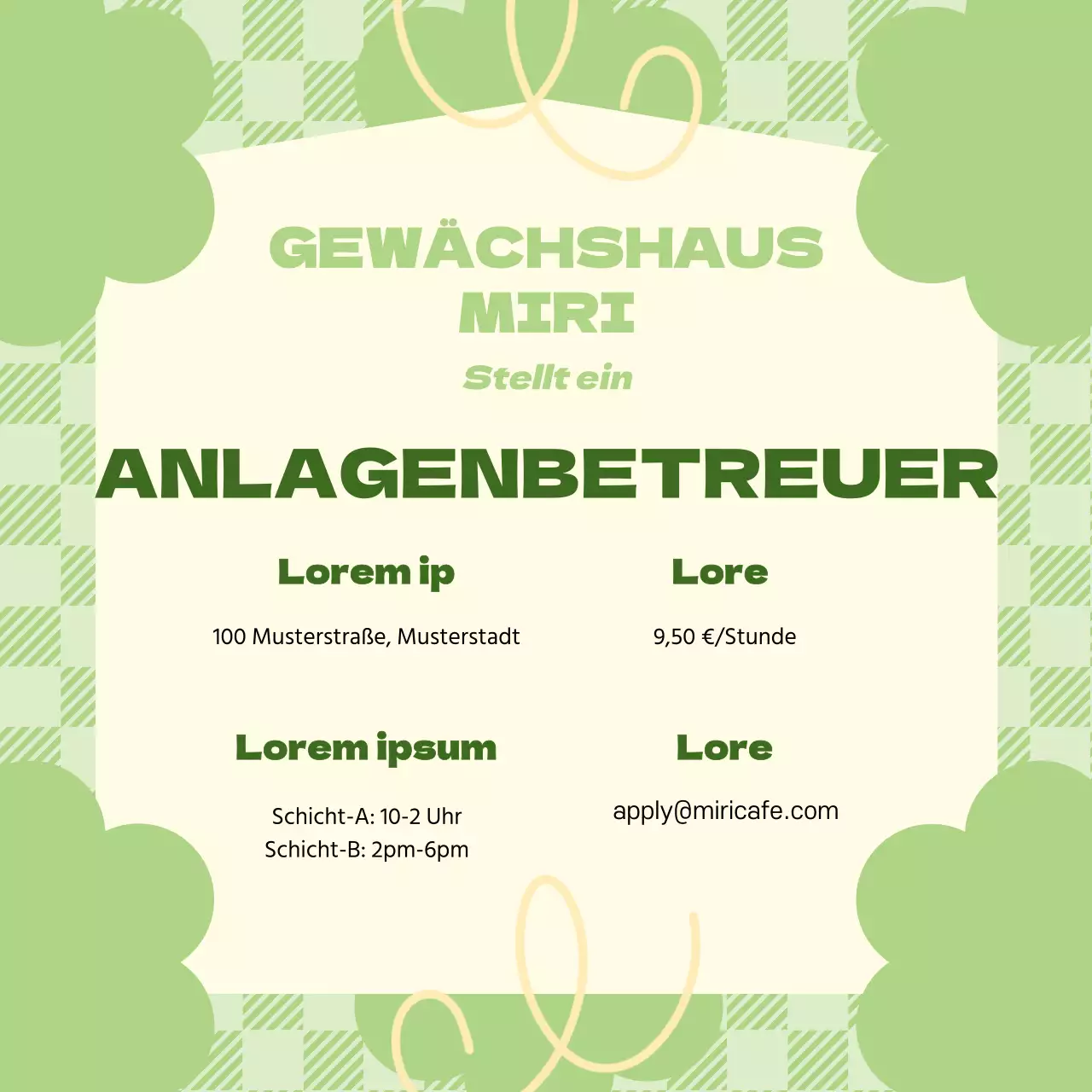 Stellenausschreibung mit grünem pastellfarbenem Karohintergrund und Blumendekoration V1