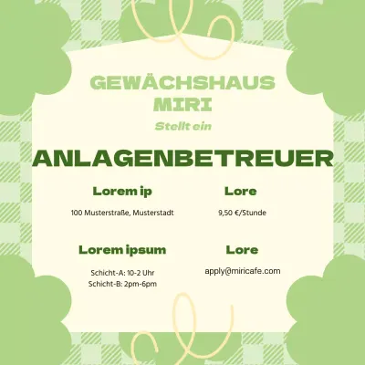 Stellenausschreibung mit grünem pastellfarbenem Karohintergrund und Blumendekoration V1