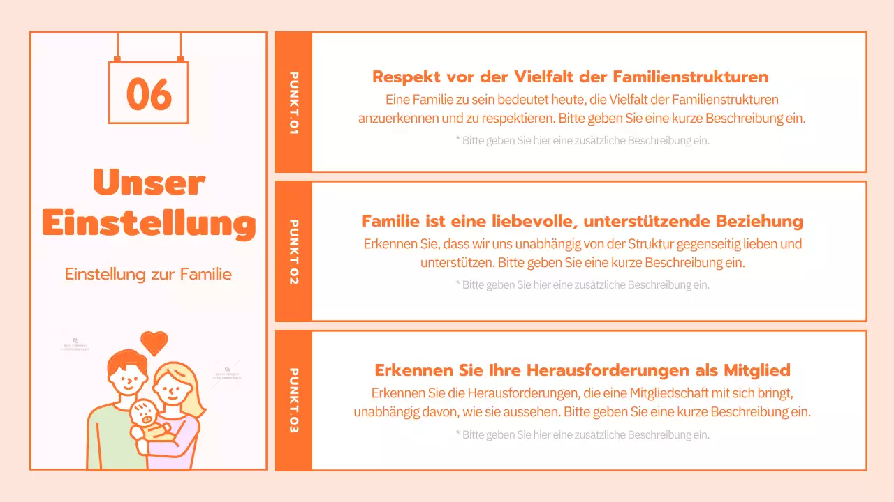 Familienkulturprogramm mit niedlichen orangefarbenen Illustrationen
