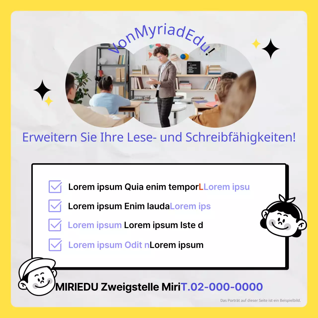 Förderung der Alphabetisierung mit einem gelb-blauen, kitschigen Doodle-Konzept