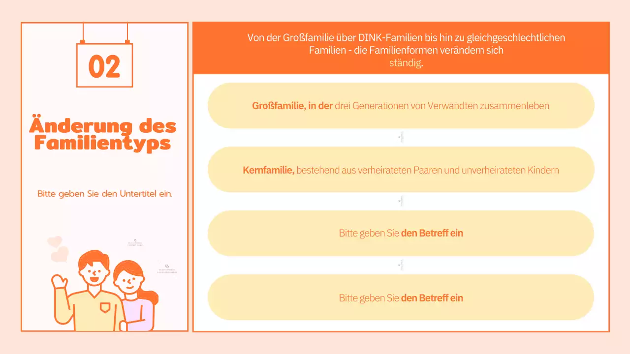 Familienkulturprogramm mit niedlichen orangefarbenen Illustrationen
