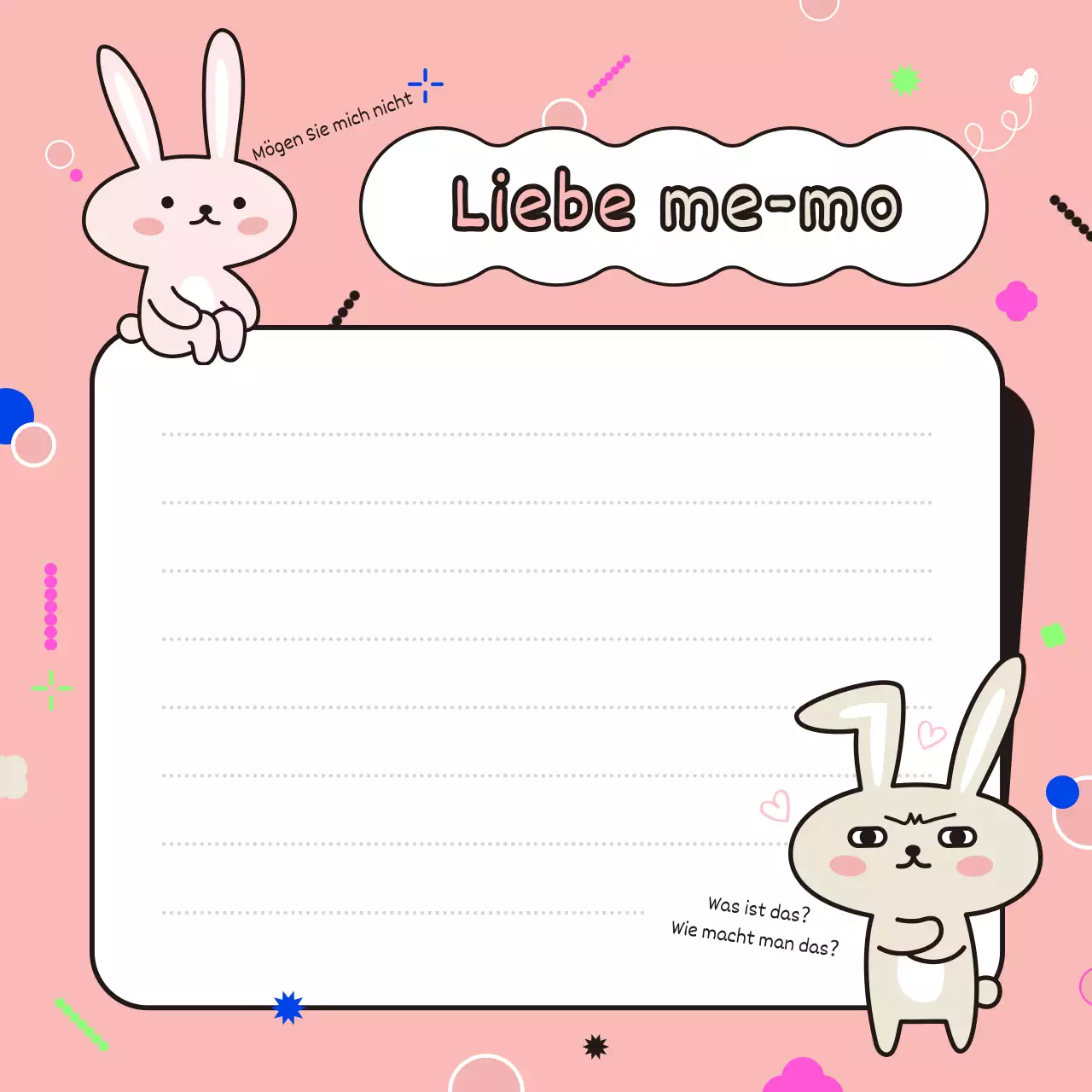 Briefpapier mit niedlichen rosa und weißen Hasenfiguren und handgeschriebenen Buchstaben