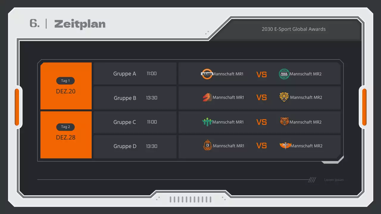 Spielstrategiebericht mit einem mechanischen Konzept in neutralen Farben und Orange.