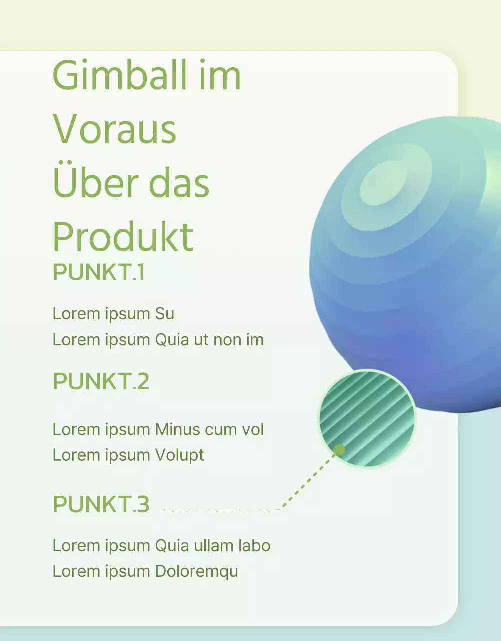 Das künstlerische lila, lindgrüne und blaue Gymnastikballgerät wird vorgestellt