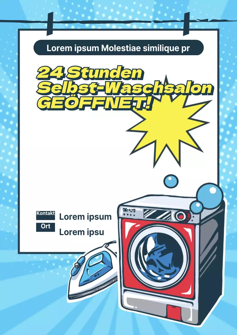 Werbung für die Eröffnung eines Selbstbedienungs-Waschsalons mit einem blauen Cartoon-Konzept