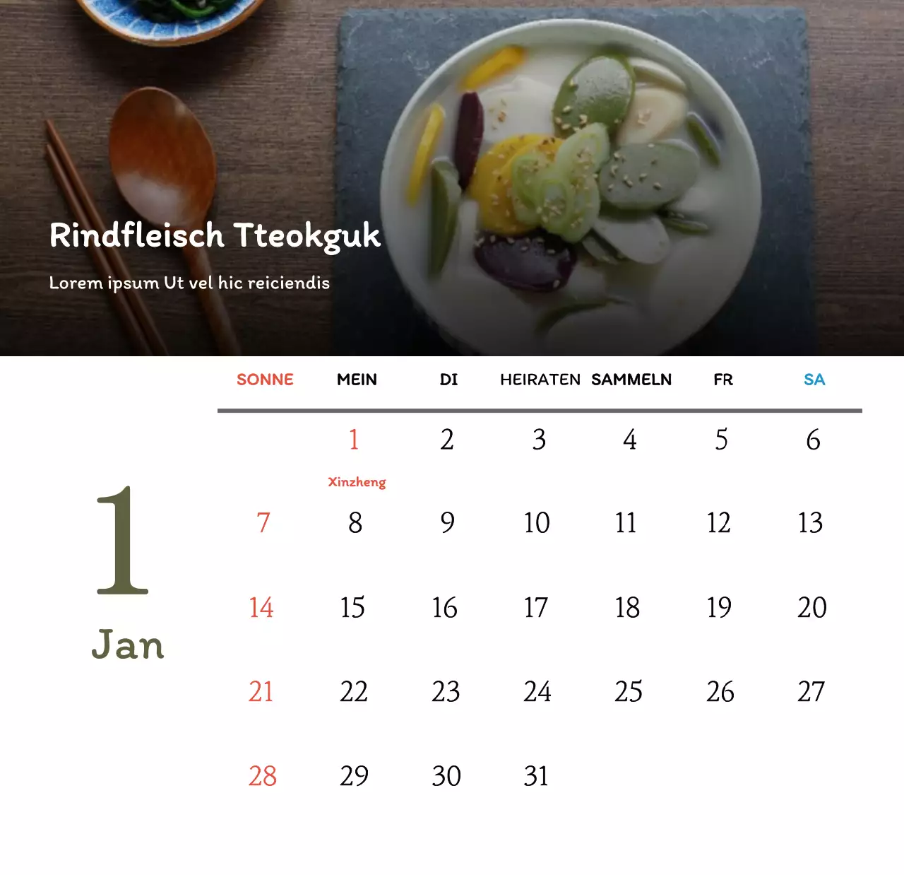 Traditioneller koreanischer Restaurantkonzept-Gutscheinkalender in Beige und Braun