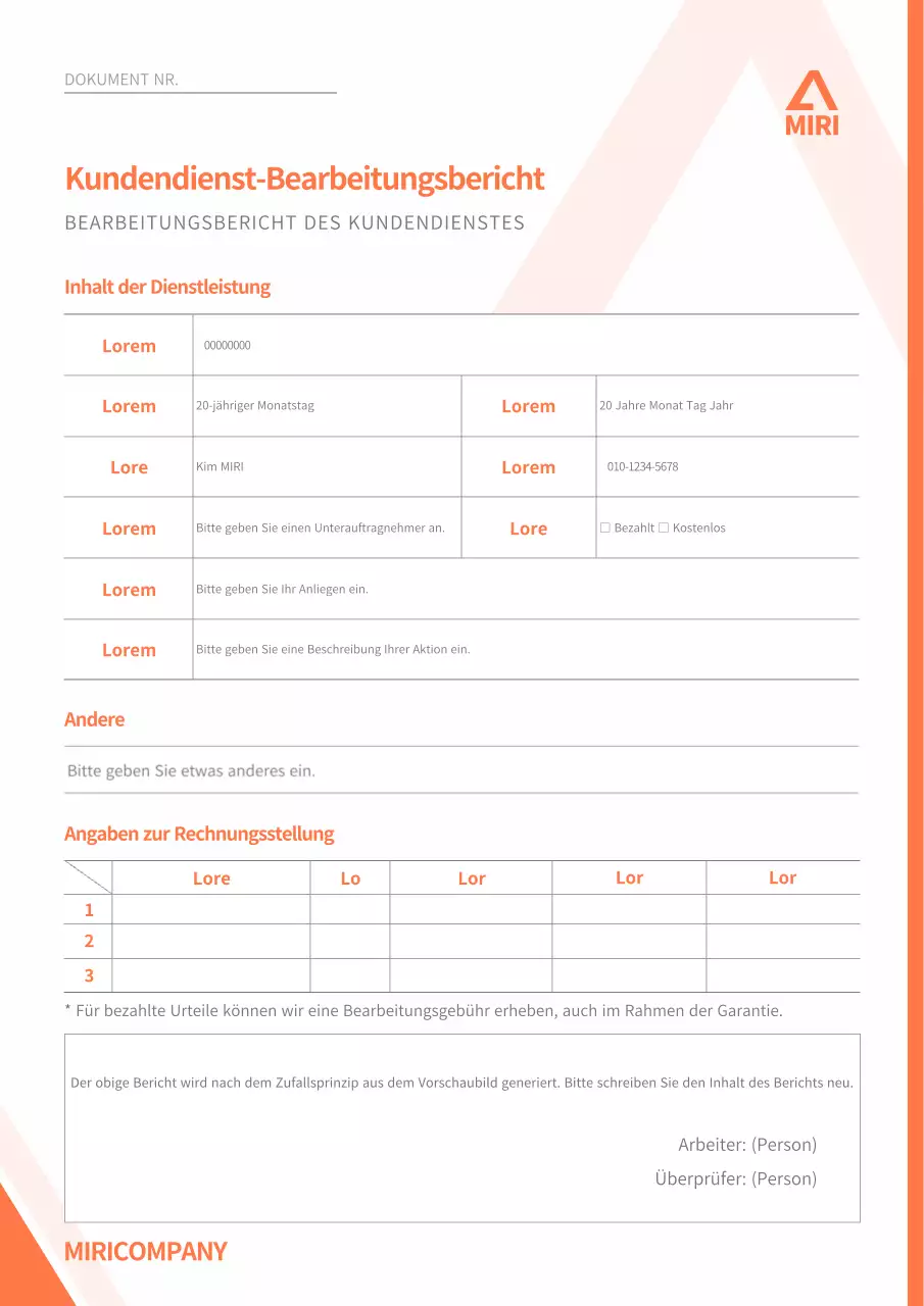 Einfache Formatierung des Dokuments für den Kundendienstbericht in Orange