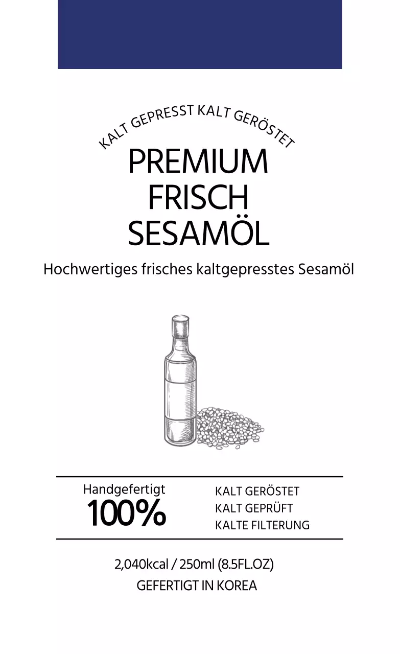 Weißes, marineblaues, einfaches Sesamöl-Lebensmittelinformationsetikett