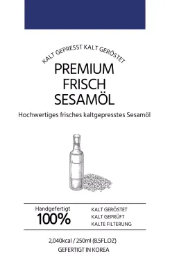 Weißes, marineblaues, einfaches Sesamöl-Lebensmittelinformationsetikett