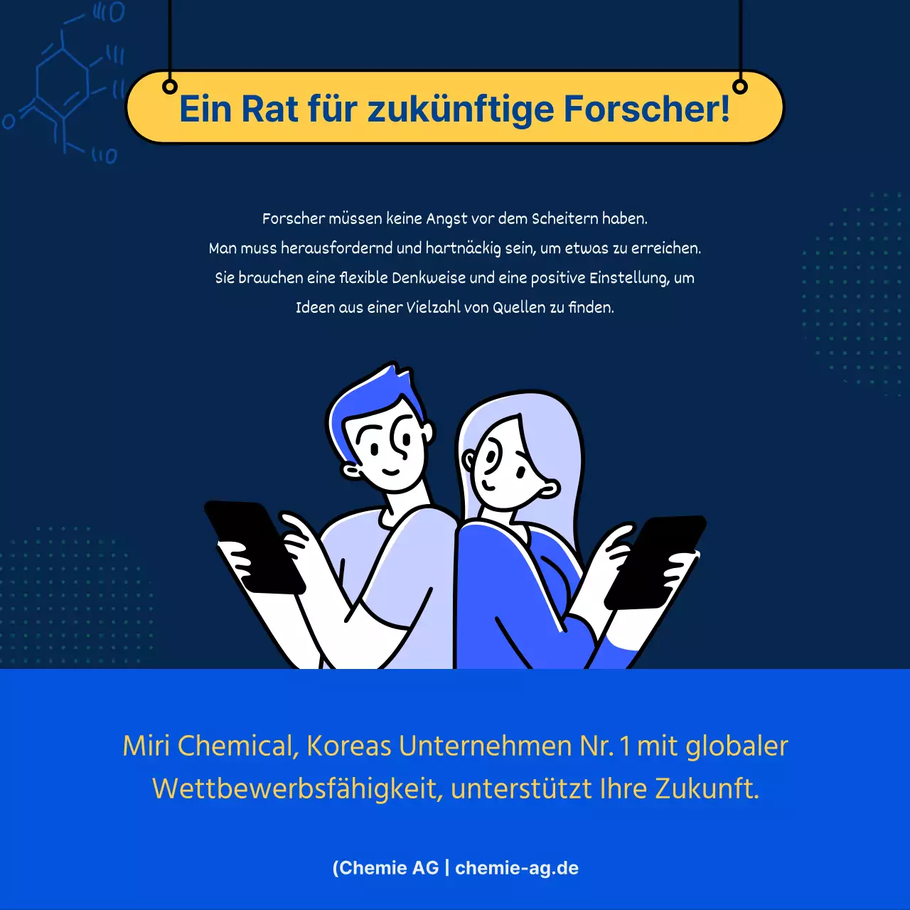 Einfache Stellenbeschreibung in Blau und Gelb zur Werbung für das F&E-Labor